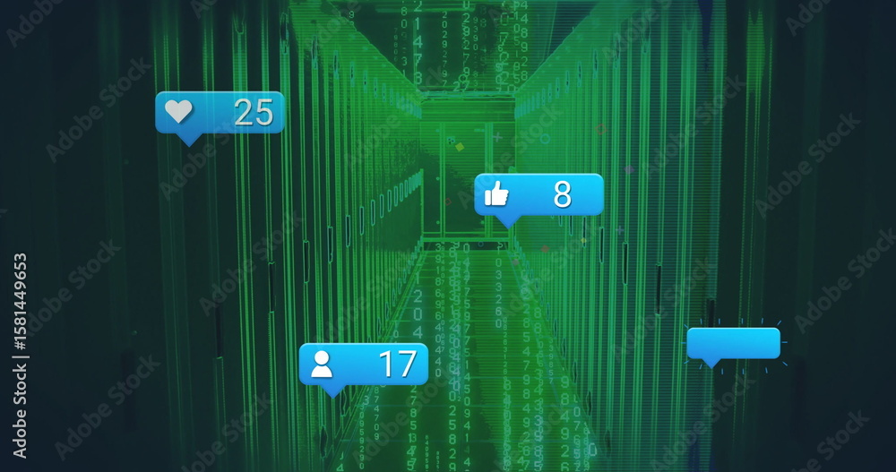 Aufkleber glowing server cabinets showing green code overlay in data center corridor, with notification icons
