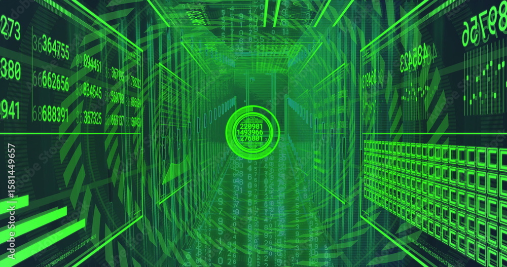 Poster streaming data tunnel extending through green corridor, with holographic displays and digit streams