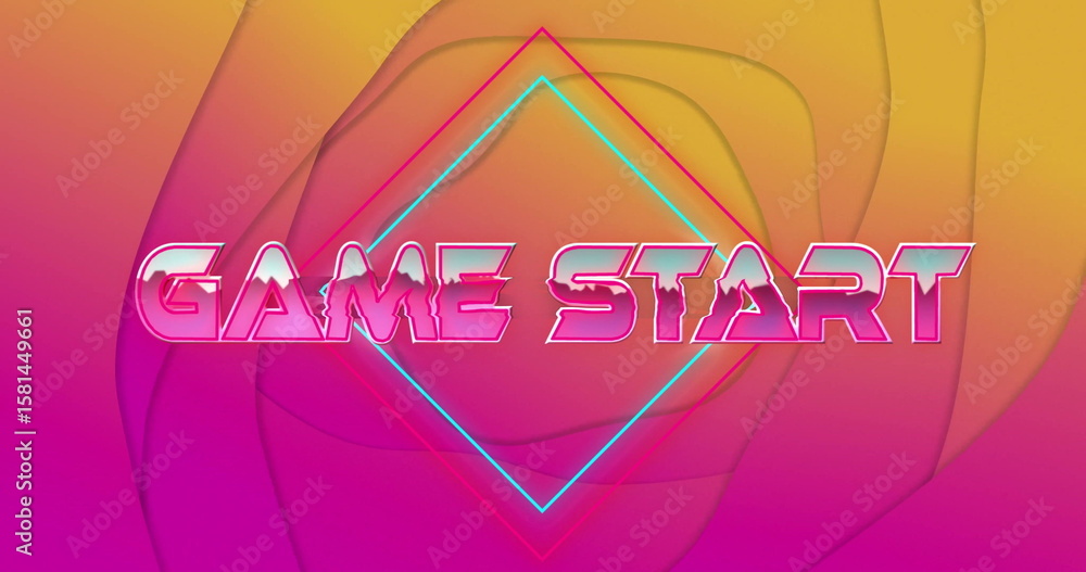 Poster displaying game start text glowing in arcade with neon pink-cyan diamond outlines, gradient shapes