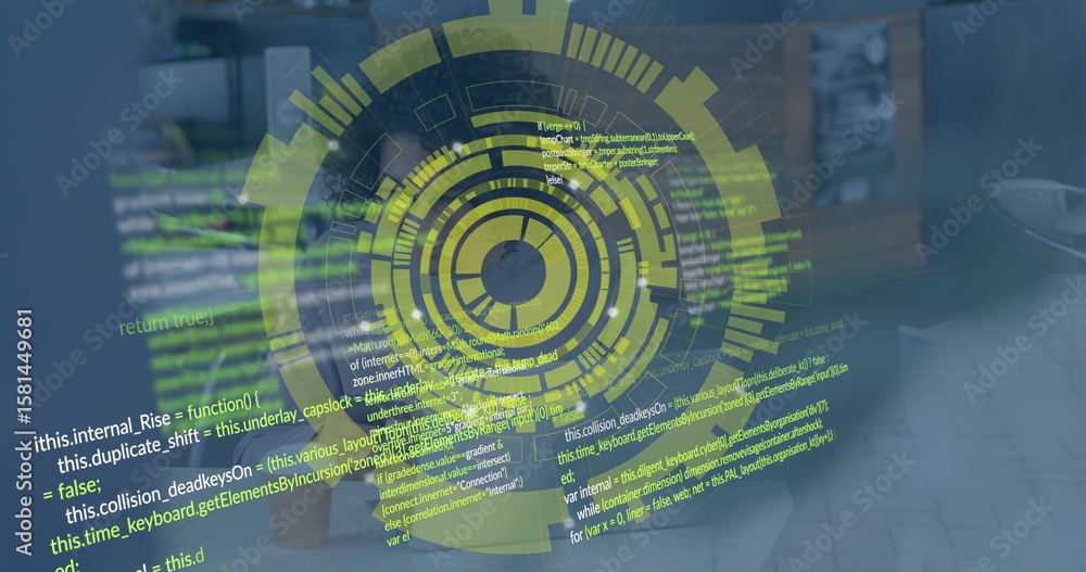 Poster Displaying green HUD interface hovering above desk in office workspace, with overlaid code snippets