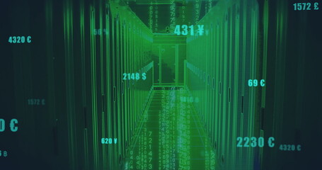 Glowing server racks lining data center aisle with LED lights, streaming code and money symbols