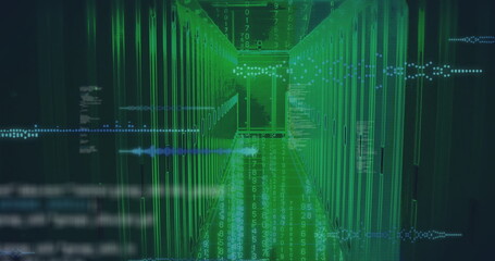 Server racks streaming binary code in data center, with holographic blocks and waveform visuals