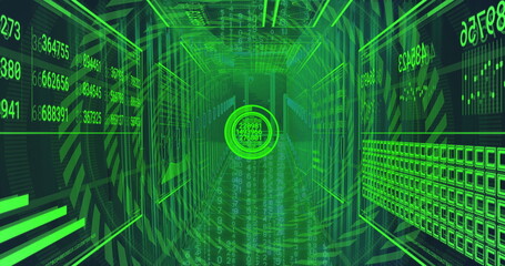 Streaming data tunnel extending through green corridor, with holographic displays and digit streams