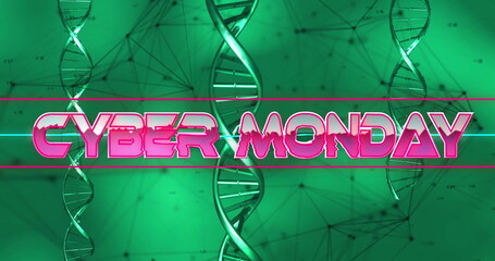 Showing neon CYBER MONDAY banner floating in online scene, with DNA helices, network mesh and bars