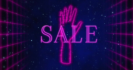 Presenting neon pink wireframe hand reaching upward in magenta grid planes scene, with SALE text