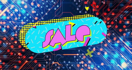 Displaying aqua-blue capsule SALE banner glowing on neon circuit board with red and yellow shapes