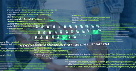 Coding software developer wearing denim shirt using floating code snippets and file icons in office