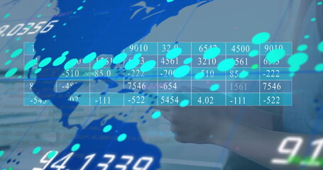 Woman in grey shirt holding smartphone in office with world map, grid, teal circles, copy space