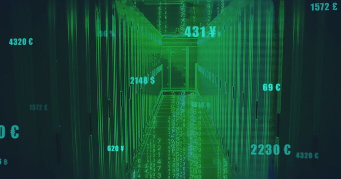 Glowing server racks lining data center aisle with LED lights, streaming code and money symbols