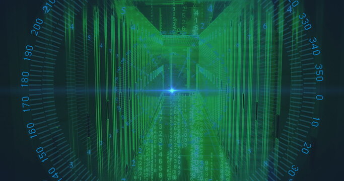 Streaming green numeric code through server corridor, with server racks, blue HUD overlay and flare