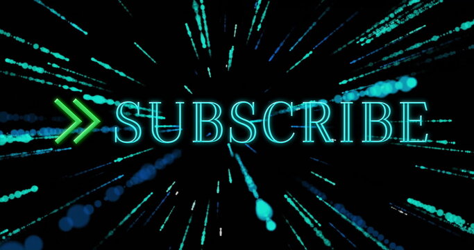 Glowing neon SUBSCRIBE text with green arrow radiating over dark background, with turquoise streaks