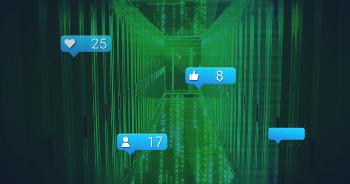 Glowing server cabinets showing green code overlay in data center corridor, with notification icons