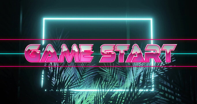 Bold pink neon GAME START sign glowing in retro-futuristic digital set, with neon and palm fronds
