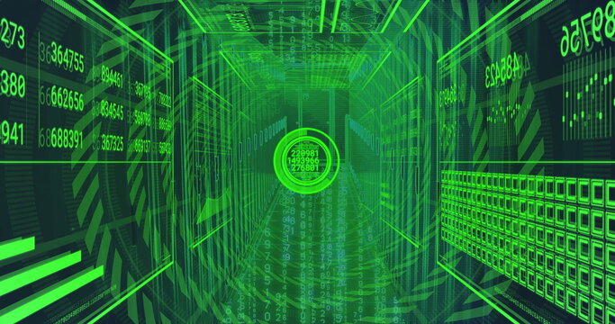 Streaming data tunnel extending through green corridor, with holographic displays and digit streams