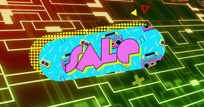 Displaying cyan pill-shaped banner flashing SALE in neon circuit backdrop, boombox icons