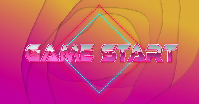 Displaying GAME START text glowing in arcade with neon pink-cyan diamond outlines, gradient shapes