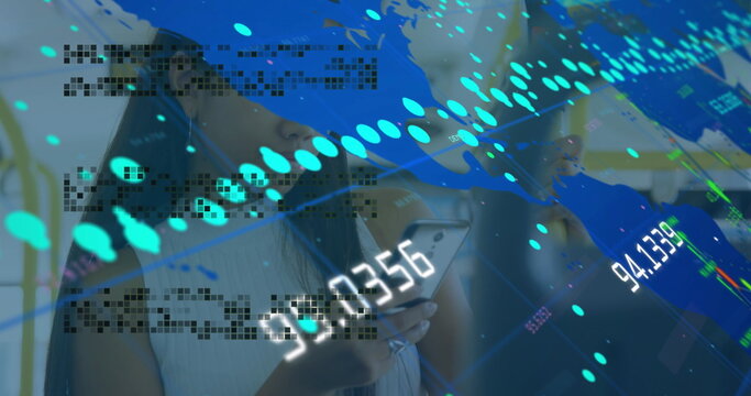 Woman in sleeveless top holding smartphone in bright room, with floating data elements, copy space