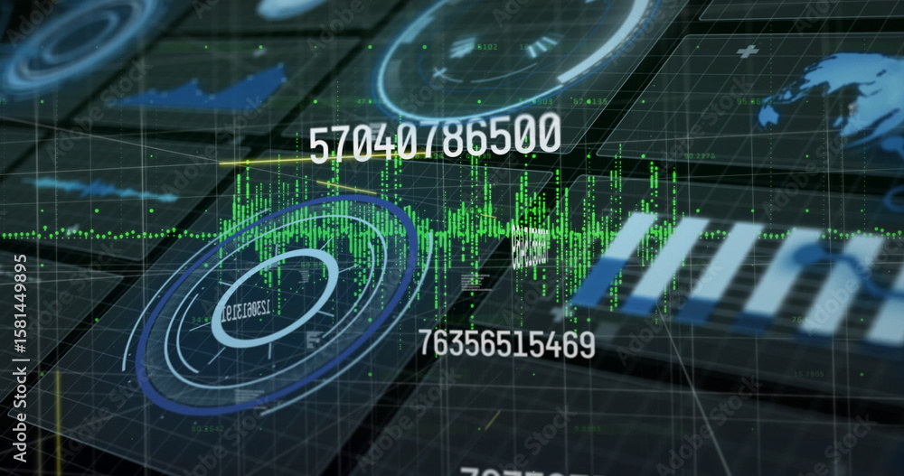 Poster projecting data interface in analytics hub, with 3d grid, radar charts and green waveform graph