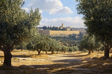 Olive grove path leading to ancient city