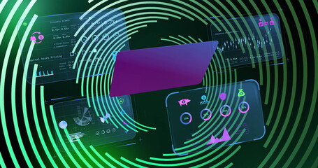 Floating purple laptop displaying holographic panels in cyberspace, with financial icons and charts