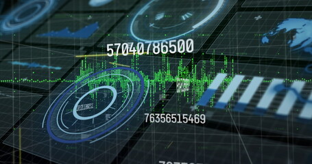 Projecting data interface in analytics hub, with 3D grid, radar charts and green waveform graph