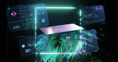 Floating holographic panels showing market data amid palm leaves in digital space, with credit card