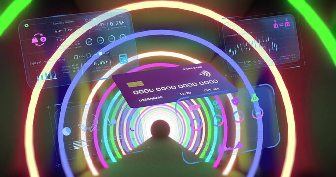 Floating purple bank card gliding in digital tunnel with chip, smartphone silhouette and UI panels