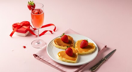 Heart-Shaped Pancakes & Festive Drink Romantic Breakfast for Valentine's Day or special Anniversary Celebration