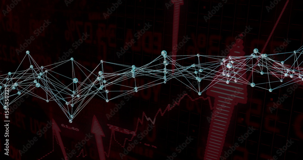 Poster displaying light blue nodes with lines over red chart with numeric data, upward, downward arrows
