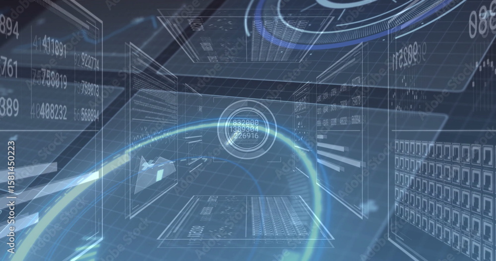 Aufkleber floating central holographic data display showing numeric readouts in cyberspace, with glowing arcs