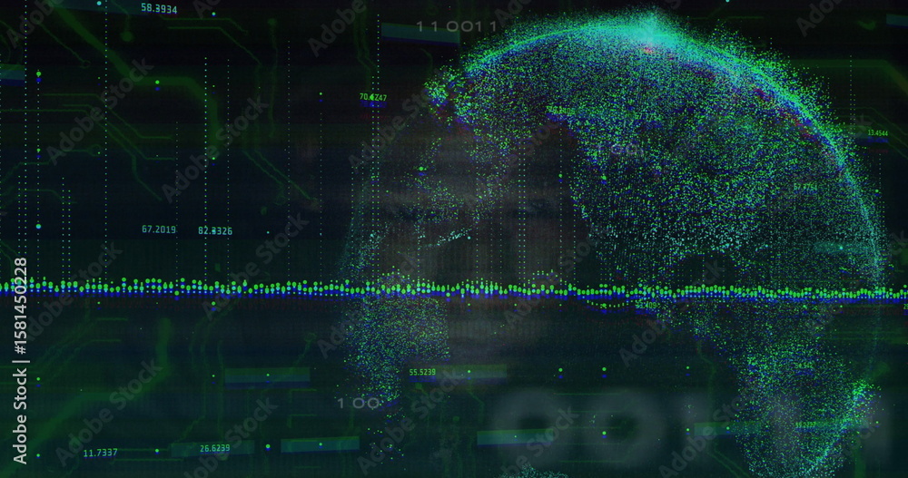 Poster displaying dotted globe at right of data view, showing waveform, circuits and numbers, copy space