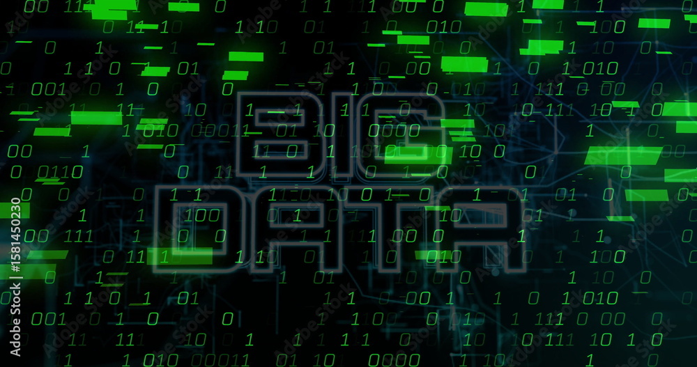 Poster streaming big data text through digital matrix, with green binary digits, neon bars, network lines
