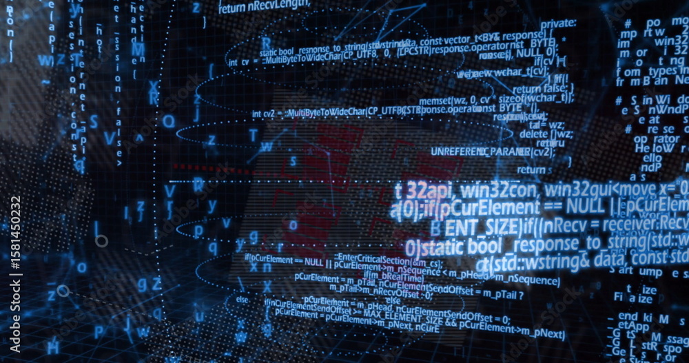 Poster Displaying floating code overlay in cybersecurity dashboard, with glowing wireframe mesh and nodes