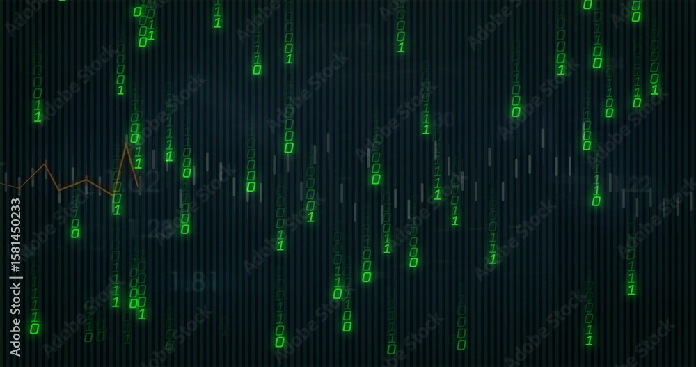 Poster cascading green binary code streams through digital dashboard, line graph, candlesticks, numbers