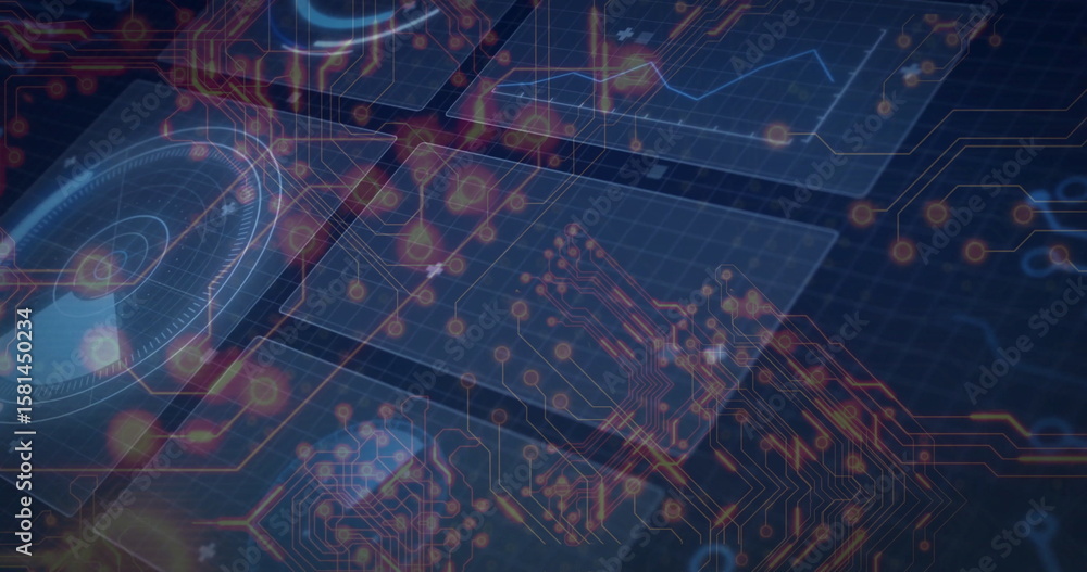 Poster Animating circuit network floating in digital interface, featuring glowing nodes and circuit traces