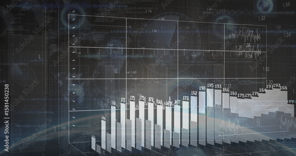 Poster displaying 3d bar chart highlighting numerical height labels in data dashboard with radar overlays