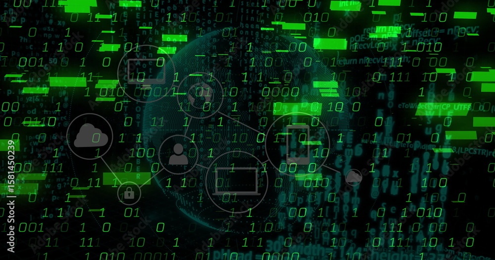 Poster showing wireframe globe linking icons and code fragments in cyberspace, with streaming binary code
