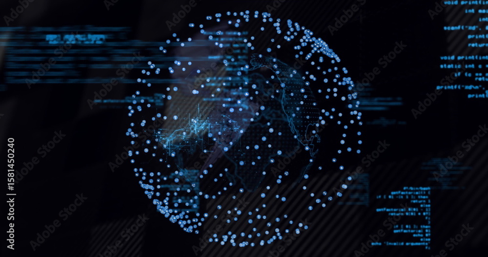 Fototapete floating translucent digital globe showing network paths on data dashboard, with code fragments