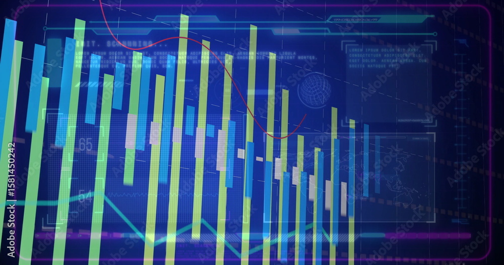 Poster displaying candlestick bars and red and turquoise line graphs on trading dashboard, with grid axes