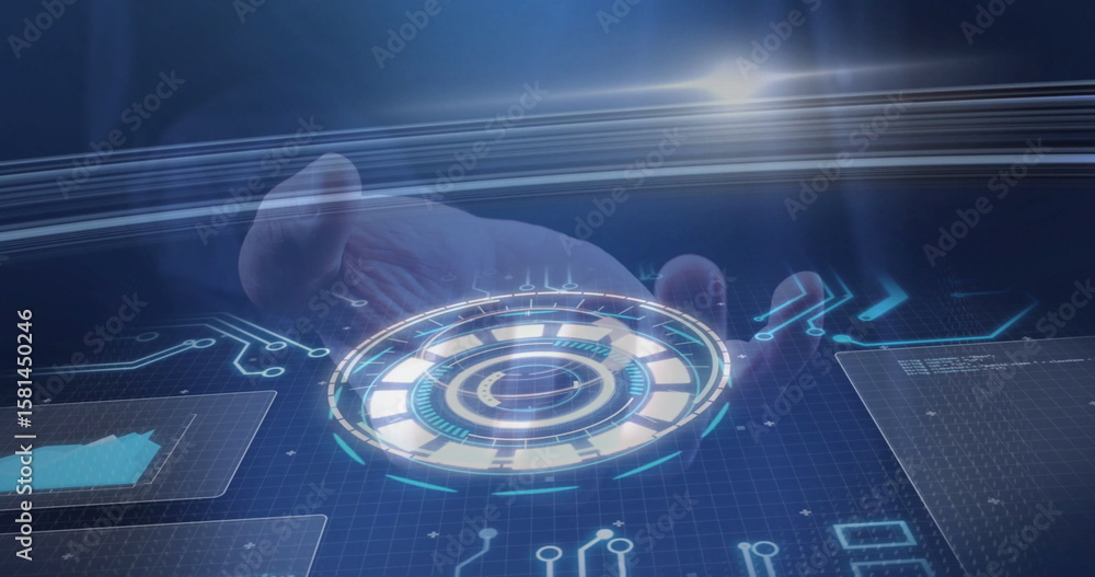 Poster extending male right hand using circular holographic interface in virtual space, with data panels