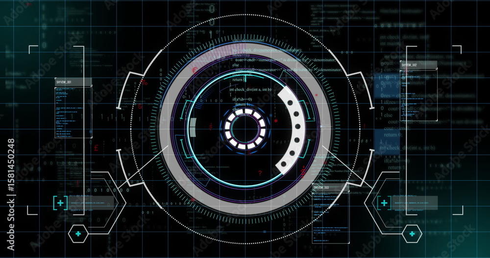 Poster Displaying futuristic circular HUD interface on screen with grid overlay, code panels, data nodes