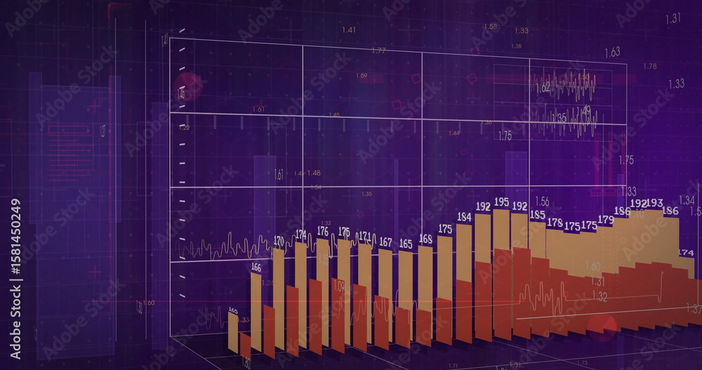Poster 3d bar chart displaying line graph and labels in digital dashboard, with semi-transparent cuboid