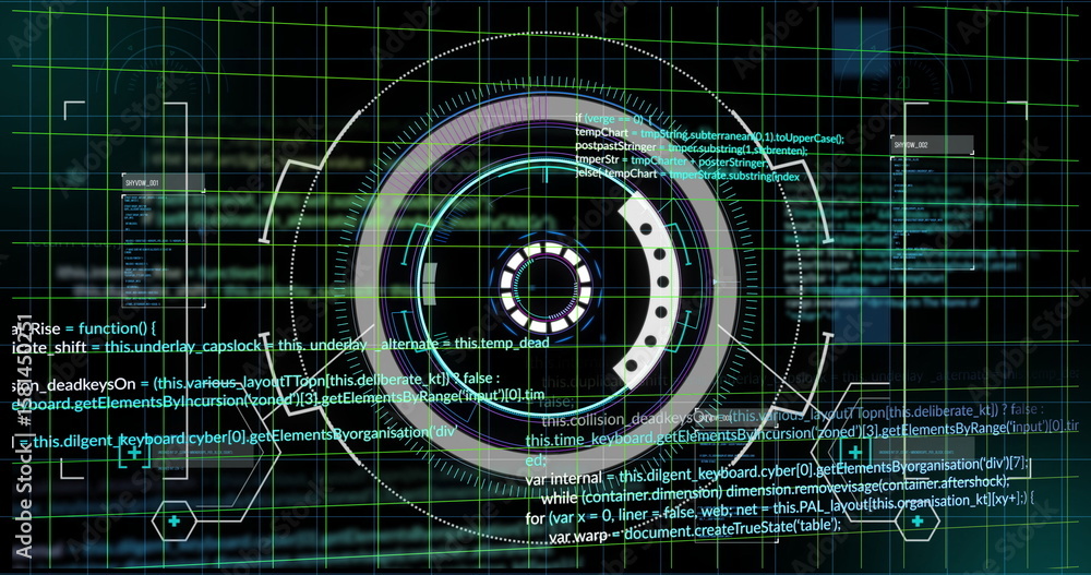 Poster Displaying central HUD reticle showing concentric rings in interface with grid lines, arcs and code