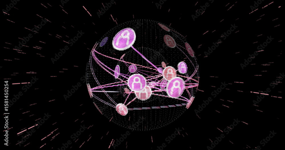 Poster floating wireframe globe in space, connecting glowing nodes with person icons and light streaks