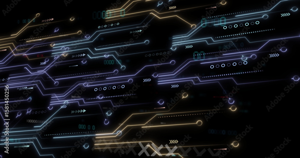 Poster streaming digital network connecting circuit paths and nodes in virtual interface, with neon traces