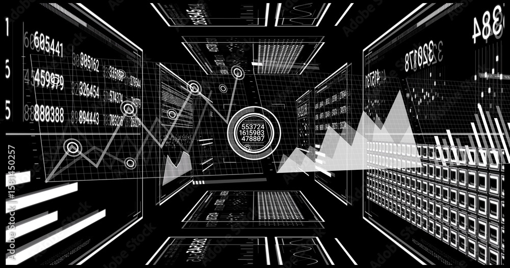 Poster floating central circular data node connecting grid panels in data corridor, with line charts