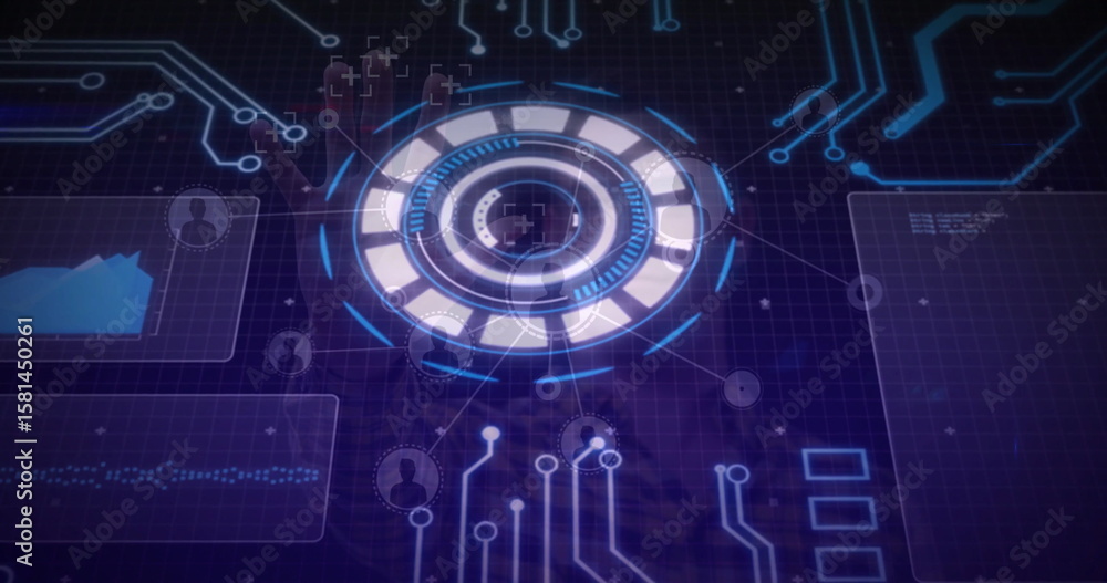 Poster Displaying layered circular HUD element projecting neon circuit lines on grid, with data panels
