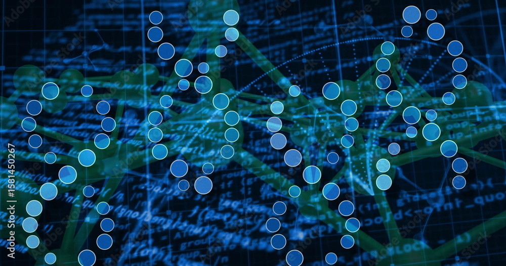 Poster Visualizing network with green lines linking blue and teal nodes on grid plane, with scrolling code