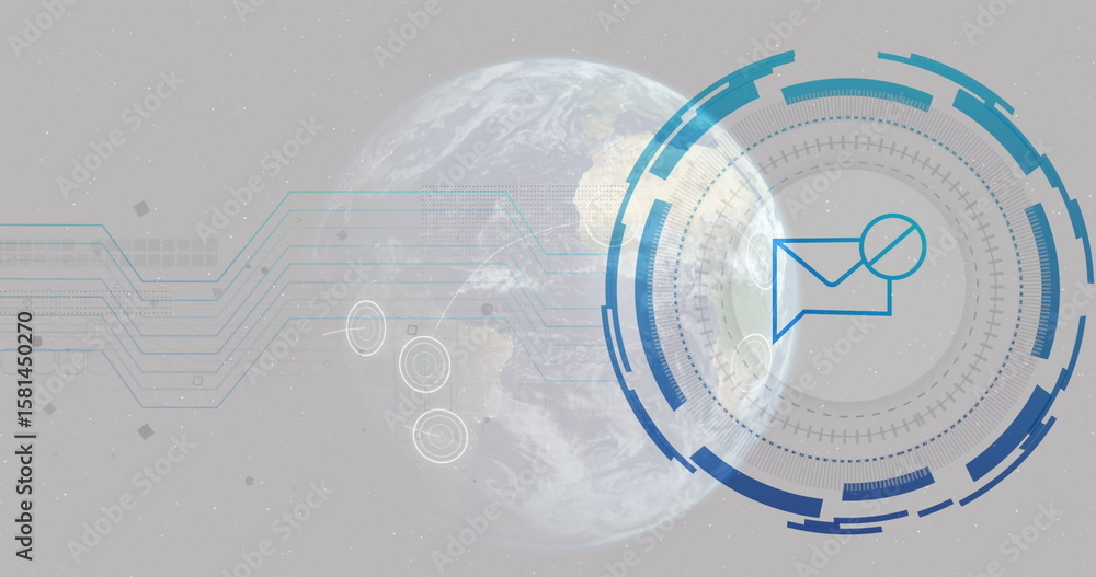 Poster displaying blue circular hud graphic with envelope icon at network interface, highlighting globe