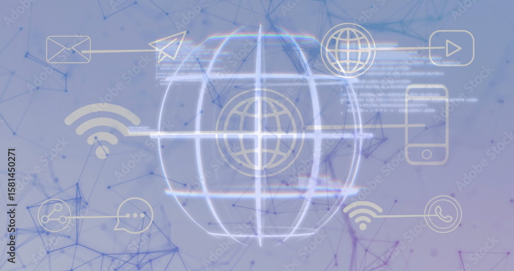 Poster displaying glowing globe grid at digital network center with envelope and wifi icons linking